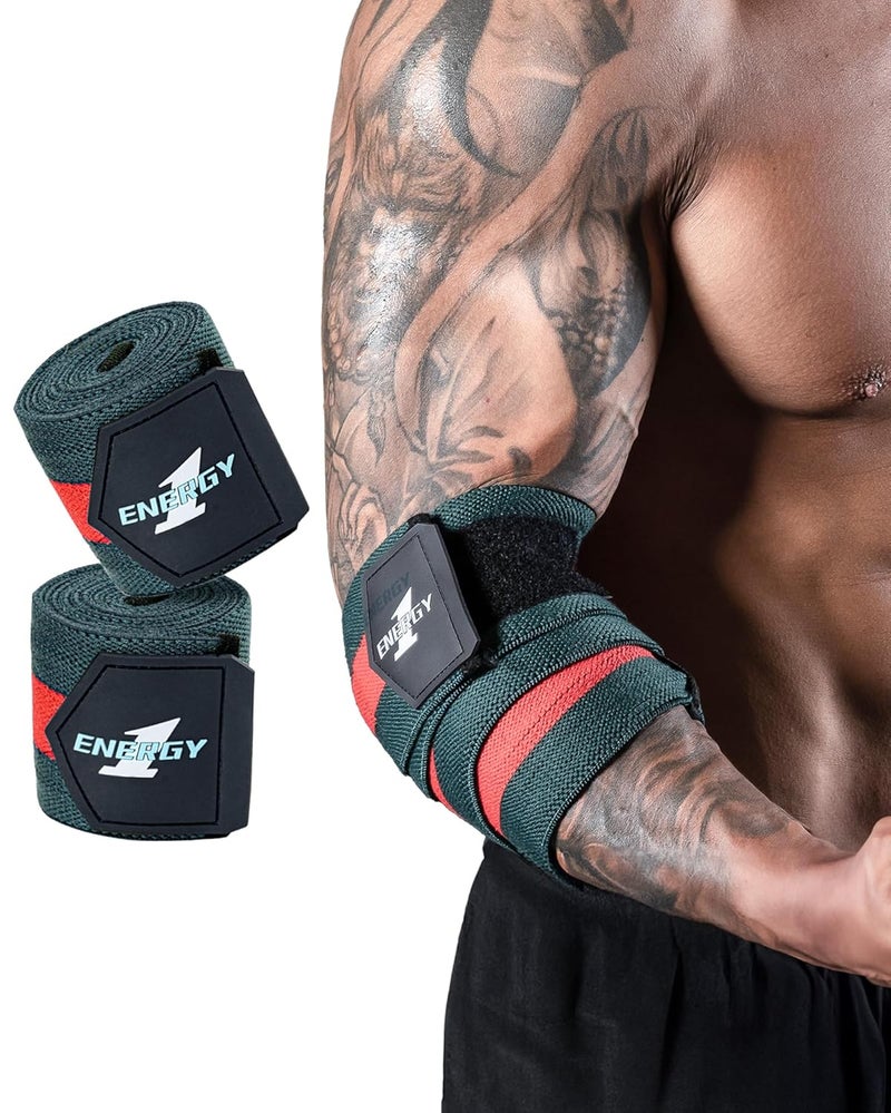 kcross Elbow Wraps for Weightlifting, 47" Strengthening support Elbow Sleeve Weightlifting (1 Pair) for Powerlifting, Bench Press, Gym Workout (Red Green Striped) - Image 1